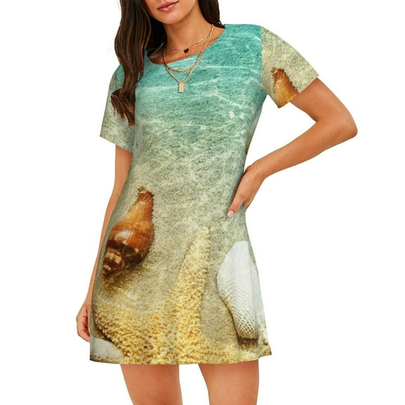 Logiee Starfish And Seashell On The Beach Print Nightgowns for Women,Soft Short-Sleeved Lightweight Sleepwear, Loose Sleepshirts