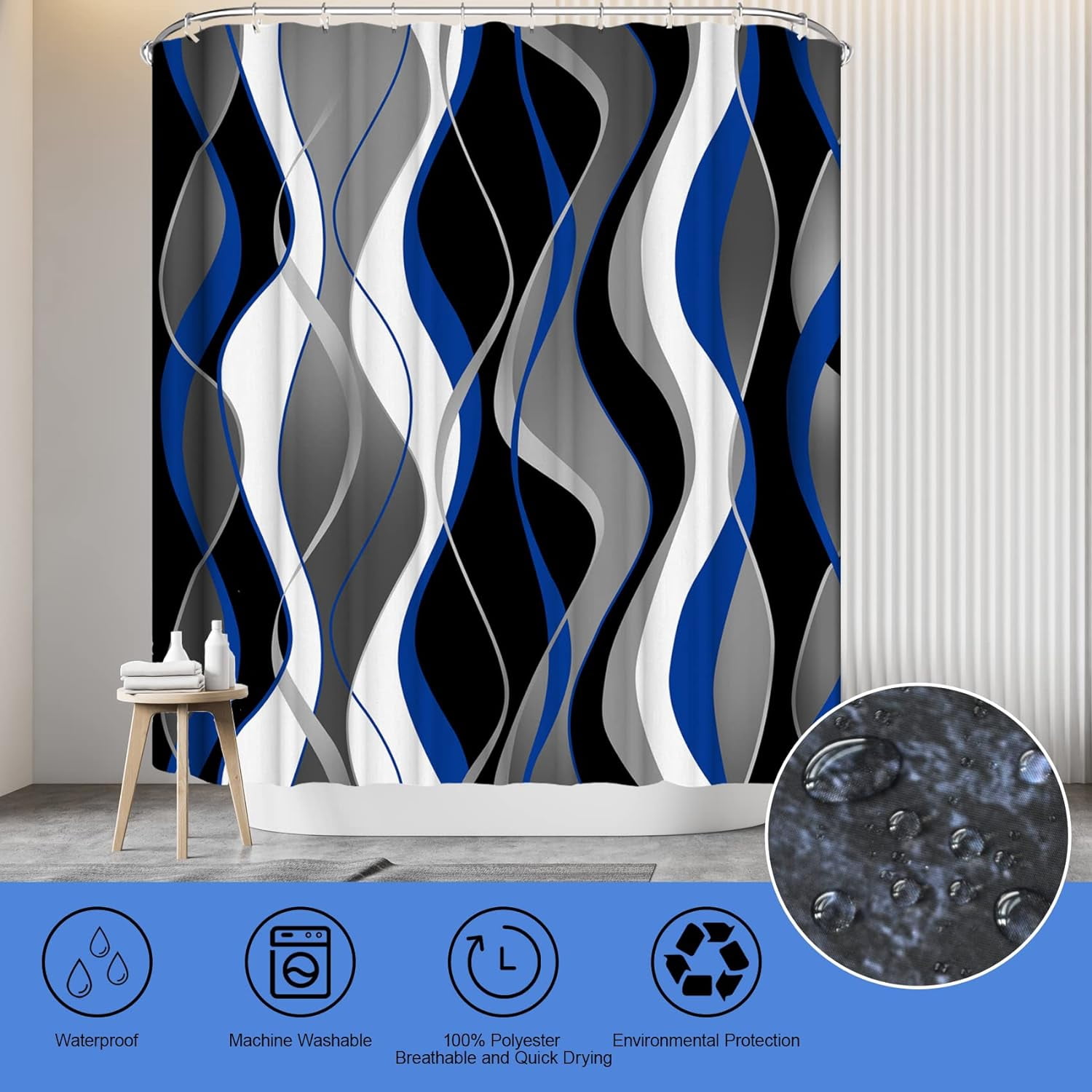 4Pcs Pink Shower Curtain Sets with Non-Slip Rugs, Toilet Lid Cover and Bath Mat, Black and Gray Bathroom Decor Set Accessories Fabric Waterproof Shower Curtains with 12 Hooks, 72 x 76 Inch