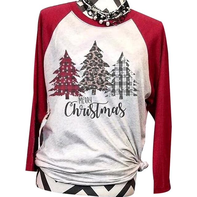 DYMADE Women Merry Christmas Baseball T Shirts Long Sleeve Raglan Plaid Truck Tree Graphic Splicing Top