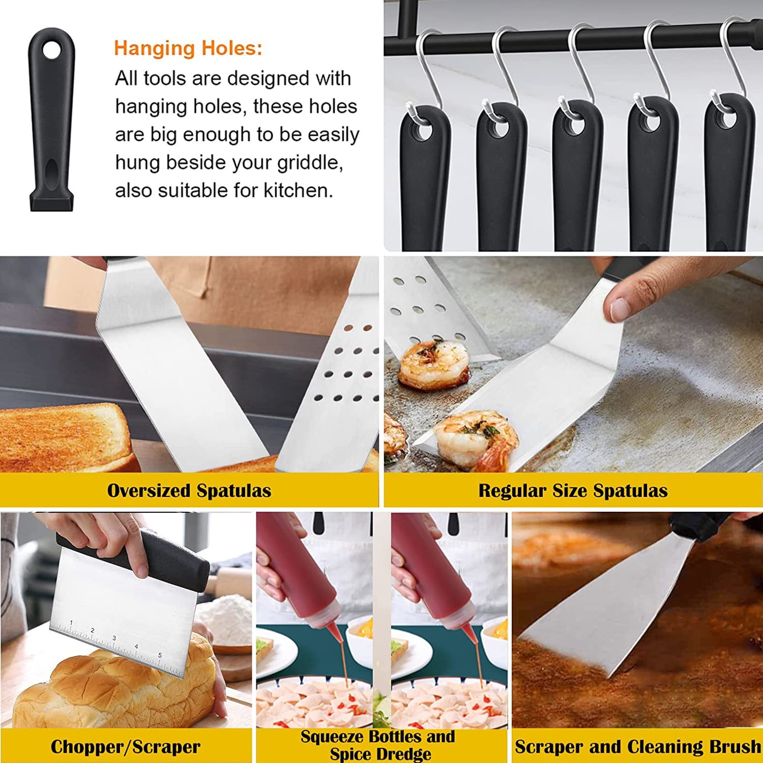 6 Pcs Flat Top Grill Accessories Set for Blackstone and Camp Chef, Enlarged Spatulas, Scraper, Tongs, Grill Spatula Kit for Outdoor BBQ