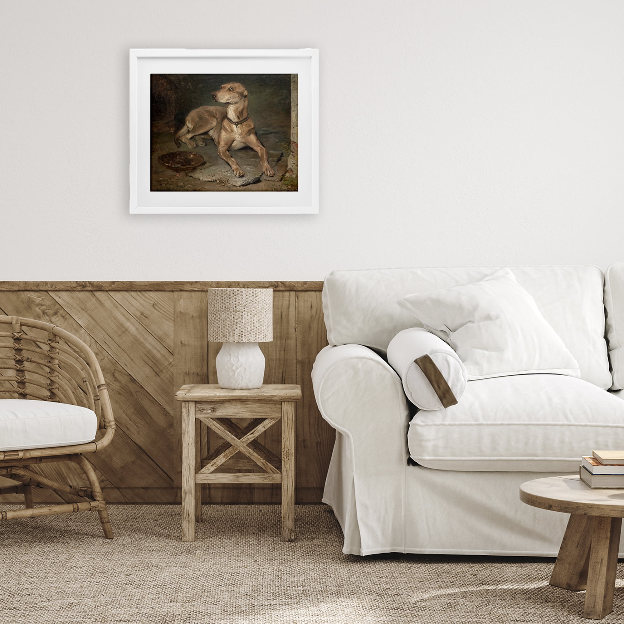 Stupell Industries Historical Dog & Bowl White Framed Print Under Glass, design by Lil' Rue