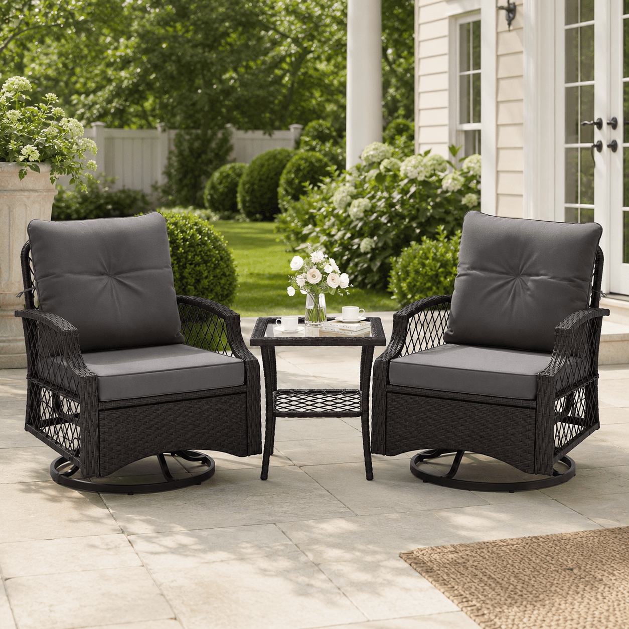 3-Piece Outdoor Swivel Rocking Chairs Set, Weather-Resistant Patio Furniture for Porch Backyard Poolside, with Coffee Table & Thick Cushions, Easy Assembly, Wicker 360° Swivel Rocker Bistro Set