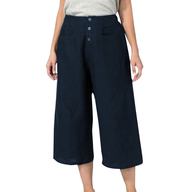 ZANZEA Women Elastic Waist Wide Leg Cropped Pants Loose Casual Cotton