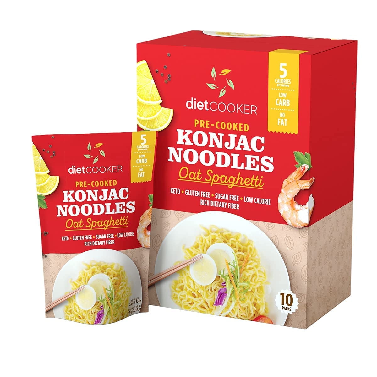 DIET COOKER Zero Carb Konjac Noodles for Keto Diet - Premium Shirataki Pasta, Low Calorie Gluten-Free Spaghetti, Odor-Free & Vegan Friendly - Healthy Low Carb Pasta Alternative (10 Pack)