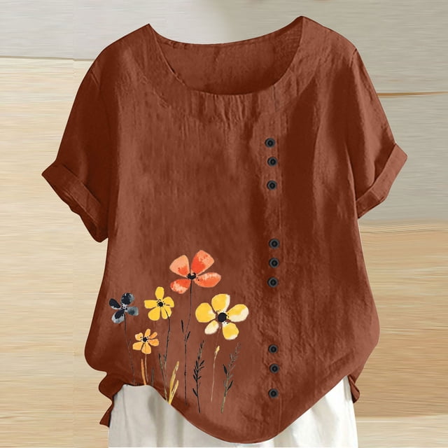 Amzcrzy Hauts pour Femmes Hauts d'Été pour Femmes T-Shirt d'Été pour Femmes à Col Rond à Manches Courtes Décontracté Mode Imprimé à Boutons T-Shirt T-Shirts pour Femmes Hauts à Manches Courtes pour Femme Hauts de Sortie pour Femmes