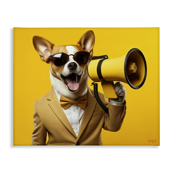 Stupell Industries Dog with Yellow Megaphone Animals & Insects Painting Gallery Wrapped Canvas Art Print Wall Art, 20 x 16