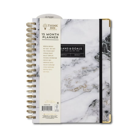 Think Ink 15 Month Twin Wire Planner, Light Gray Marble, 8" x 10" (October 2025 – December 2026)