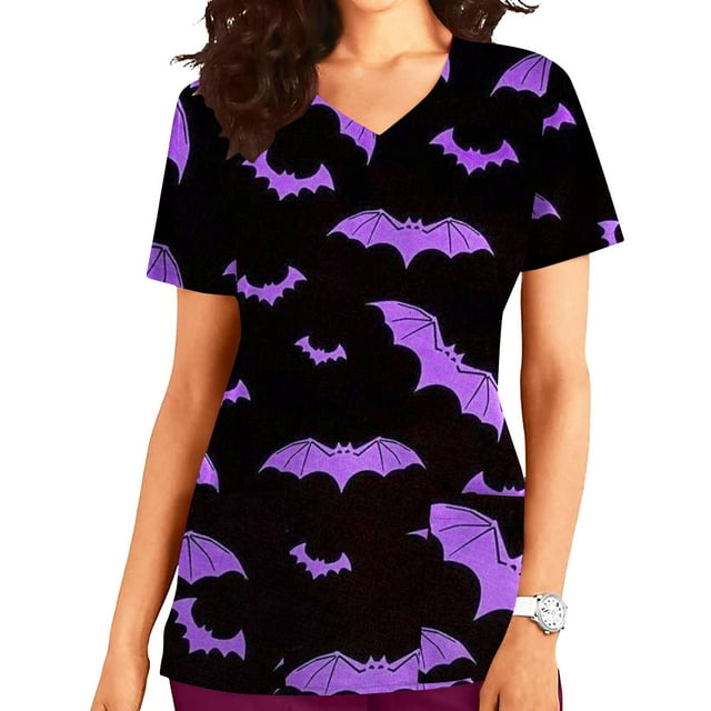 EGNMCR Hauts de Sarrau d'Infirmière pour Femmes, Imprimé d'Halloween, Uniforme de Travail à Manches Courtes, Col en V, Blouse T-shirt de Tenue de Travail avec Poches, Costumes d'Halloween