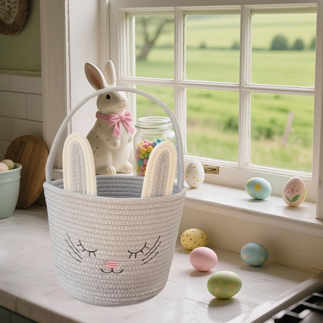twisto Easter Woven Basket Bunny Ear Decorative Multipurpose Candy Storage Basket with Handle Soft Rope Material Portable Organizer Suitable for Easter Celebrations Family Gatherings Gift Gray