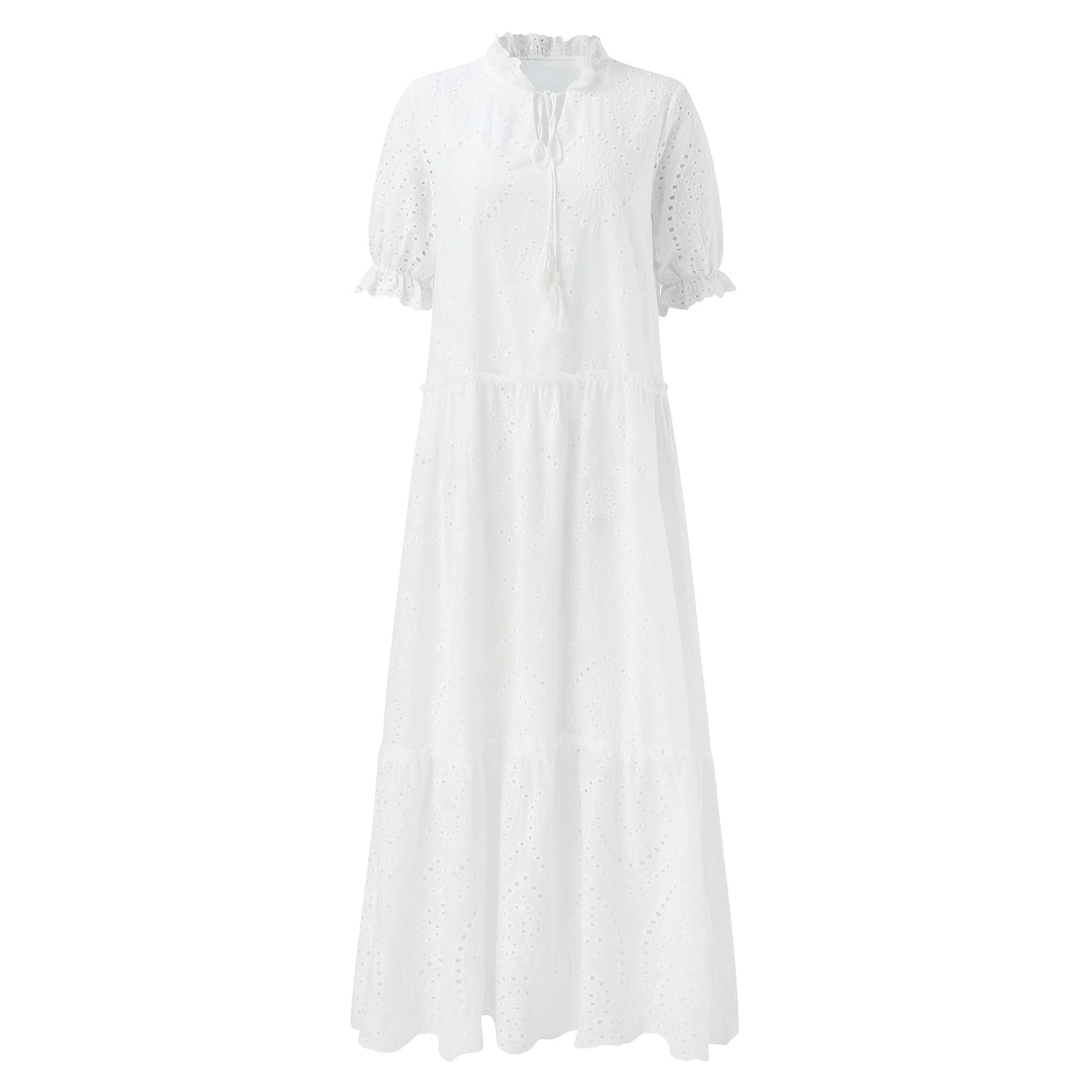 XIAOCHA Eyelet Embroidered Dress for Women Loose V Neck Three Quarter Sleeves Tiered Maxi Dress Airy Boho Vacation Dresses