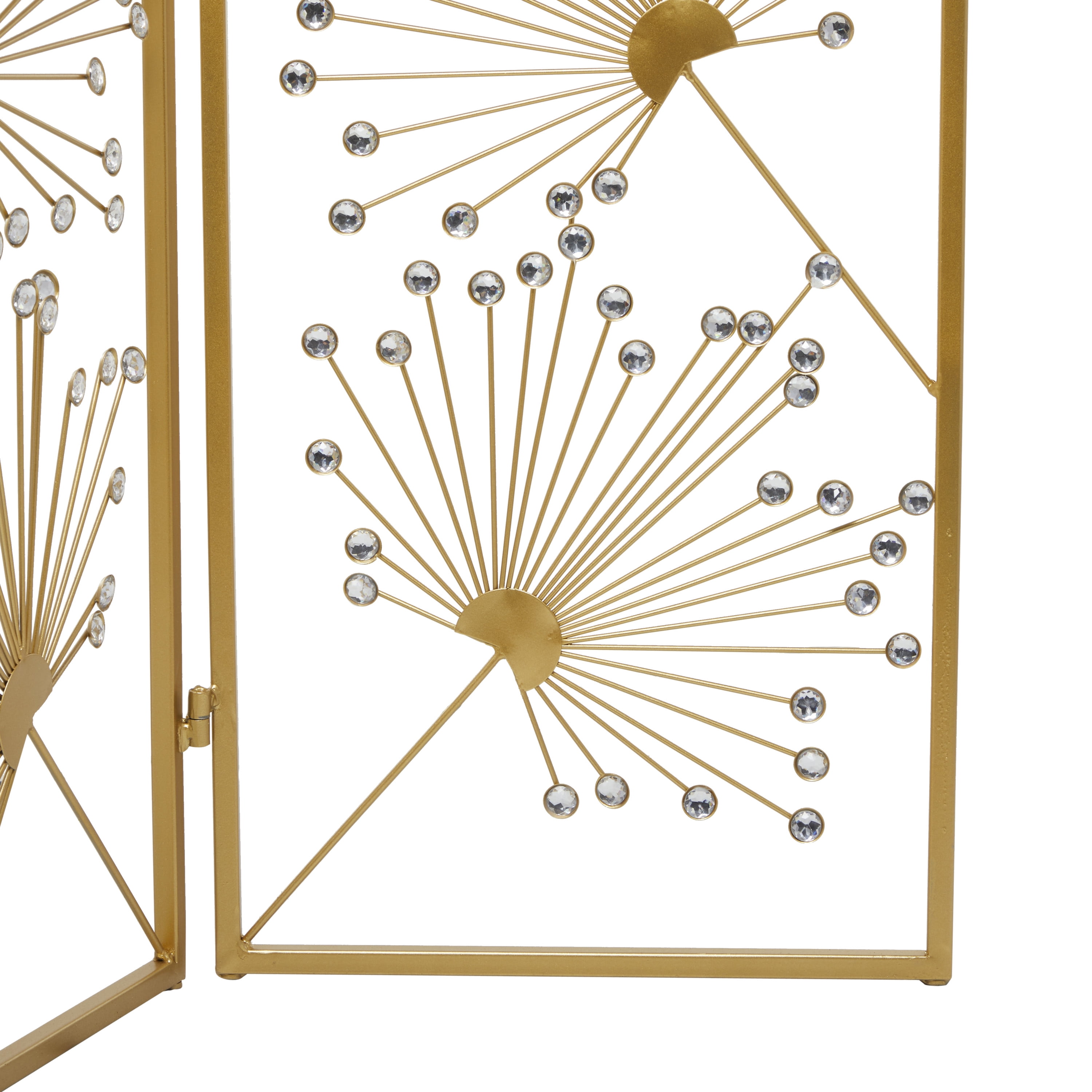 DecMode 46" x 71" Gold Metal Floral Hinged Foldable Partition 3 Panel Room Divider Screen with Crystal Embellishments, 1-Piece