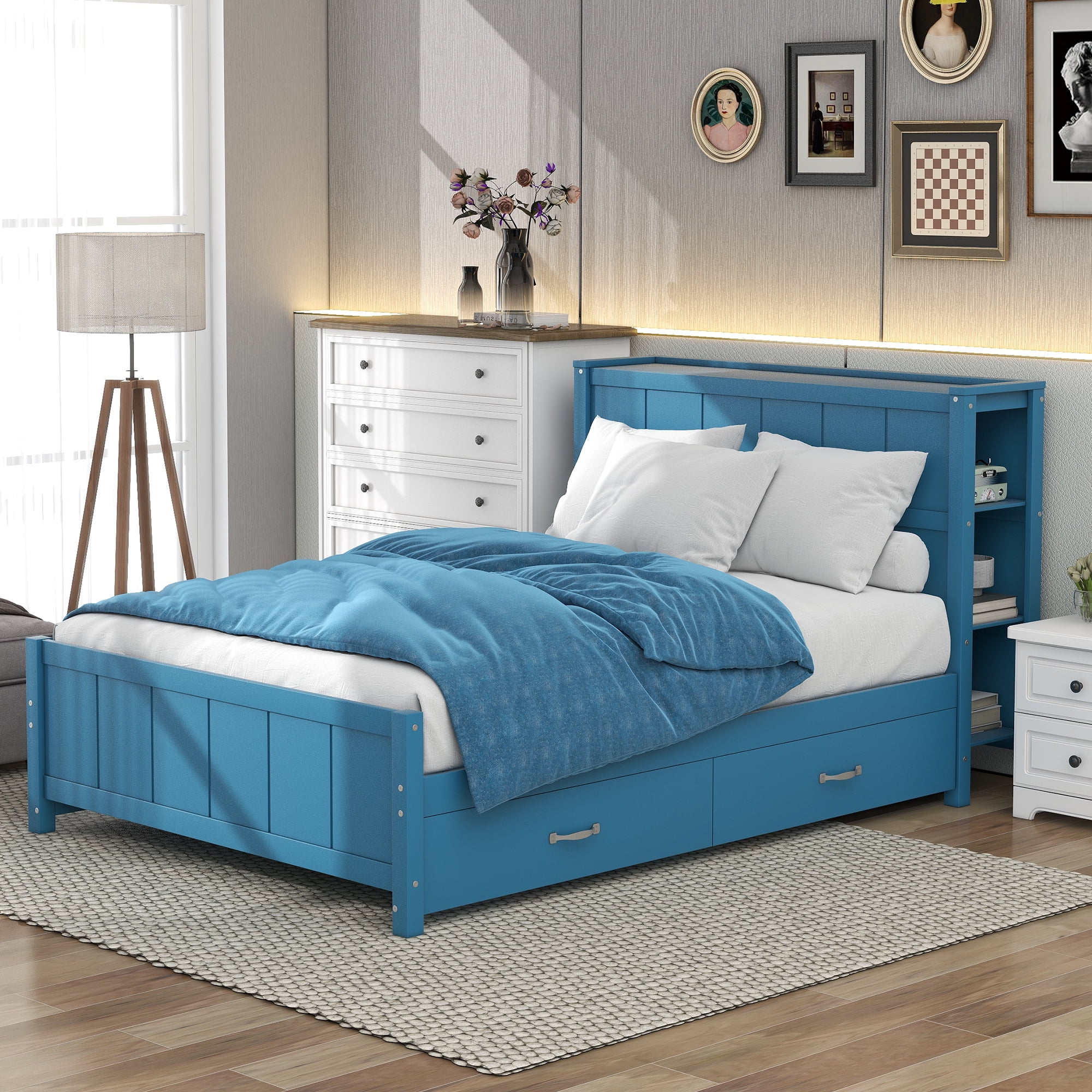 Wood Full Platform Bed with Storage Headboard Shelf and Drawers for