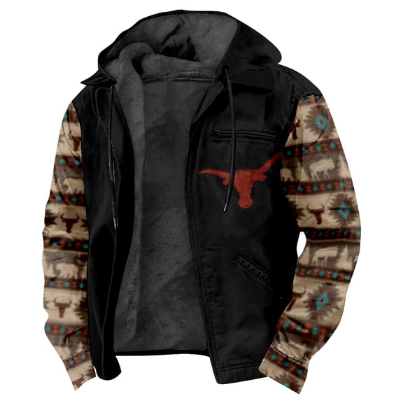 Western Buffalo Black Outerwear Coat Aztec Pattern Long Sleeve Zip Hoodie Women Men Winter Jacket Parkas