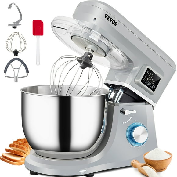 VEVOR Stand Mixer, 7.4 Qt, 660W, 6 Speeds, LCD Screen, Tilt-Head, Gray with Dough Hook, Flat Beater, Whisk, Scraper, Splash-Proof Cover