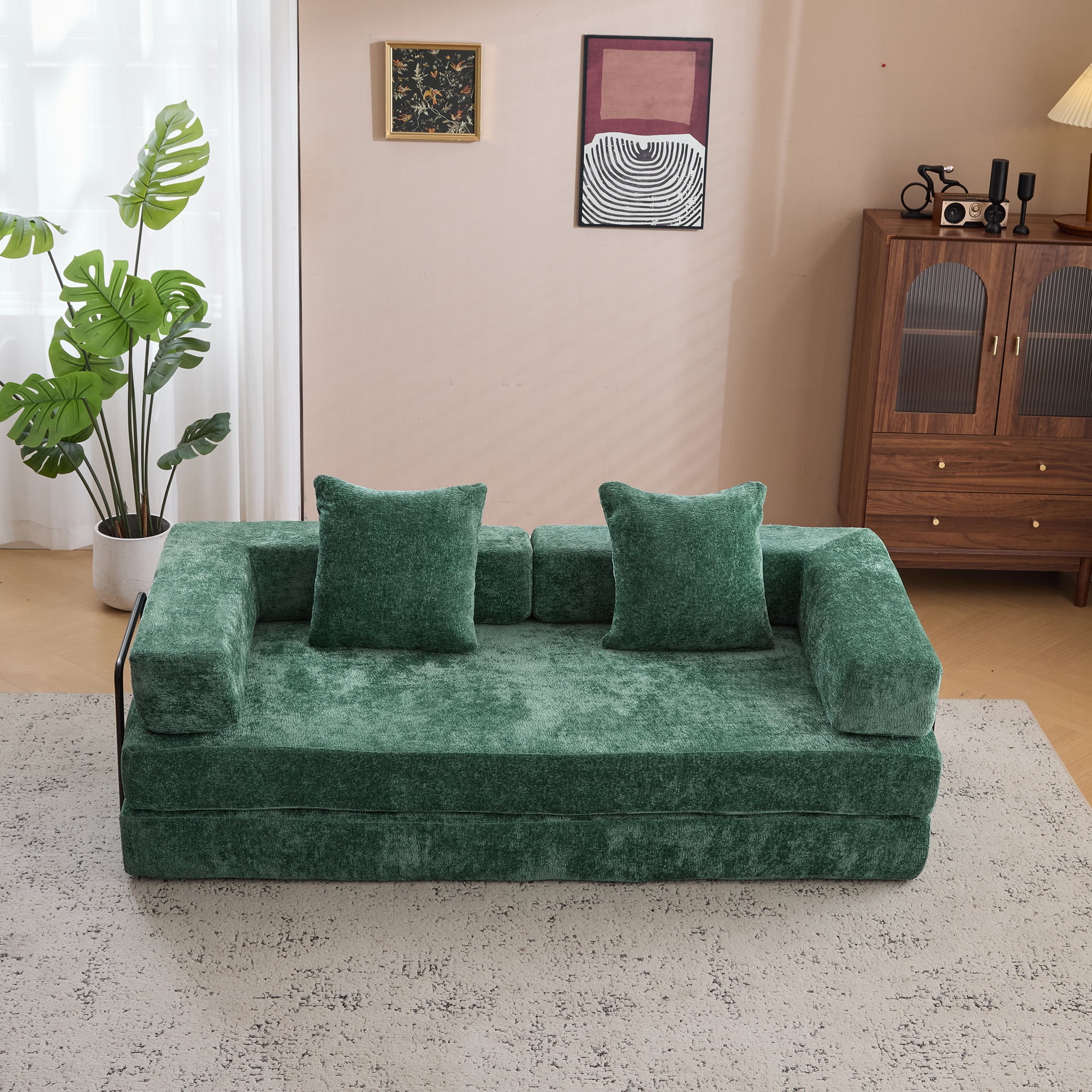 Miniyam 4 in 1 Convertible Floor Sofa Bed, Chenille Floor Couch with Armrest, Pillow for Living Room, Green
