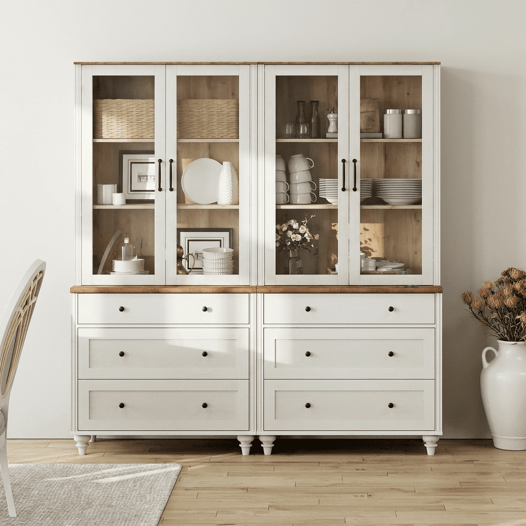 White 5-Tier Bookcase with Glass Doors, Bookshelf with 6 Drawers, Farmhouse Library Wooden Bookshelves for Living Room, Office, Kitchen