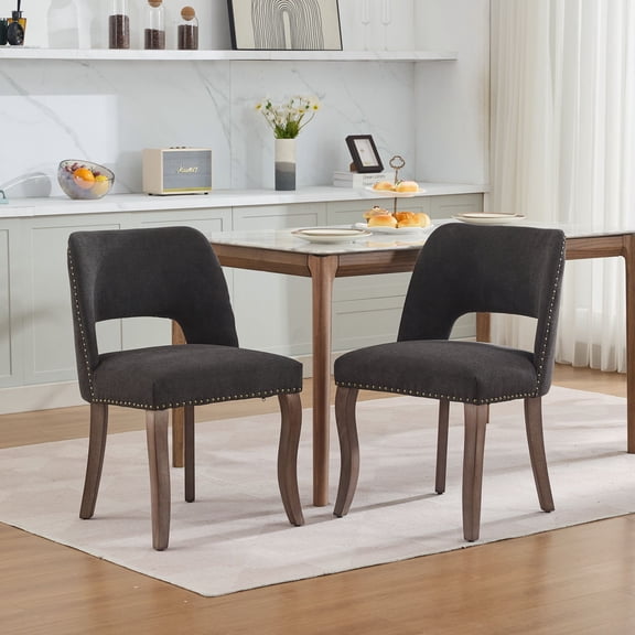 GOMYHOME Upholstered Dining Chair, Black Fabric with Nailhead Trim & Wood Legs (Set of 2)