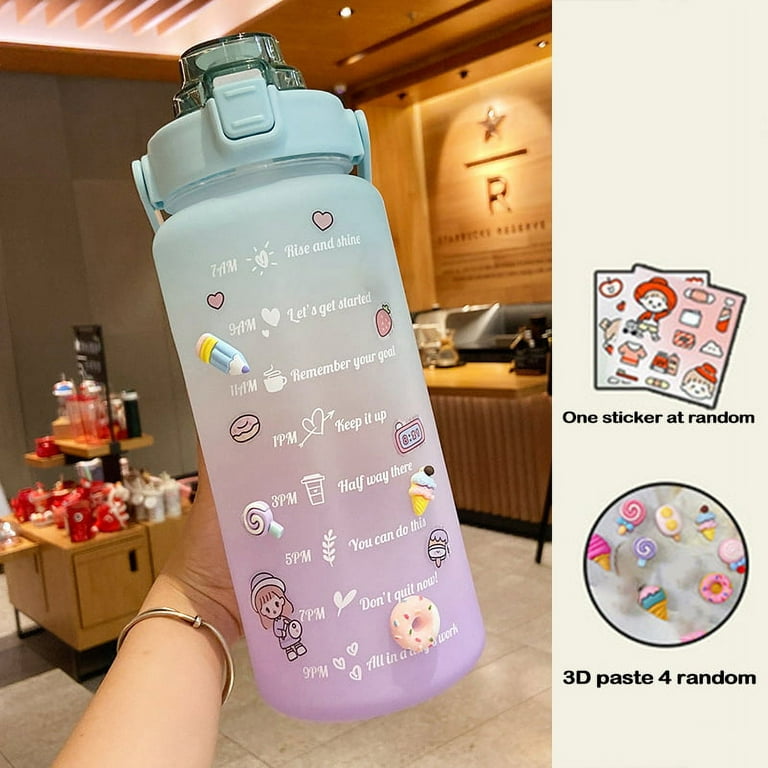 1pc 67.63 oz/2L Large Capacity Hot Pink Gradient PC Water Bottle with 3D  Sticker Sports Fitness Portable Straw Cup for Outdoor Travel