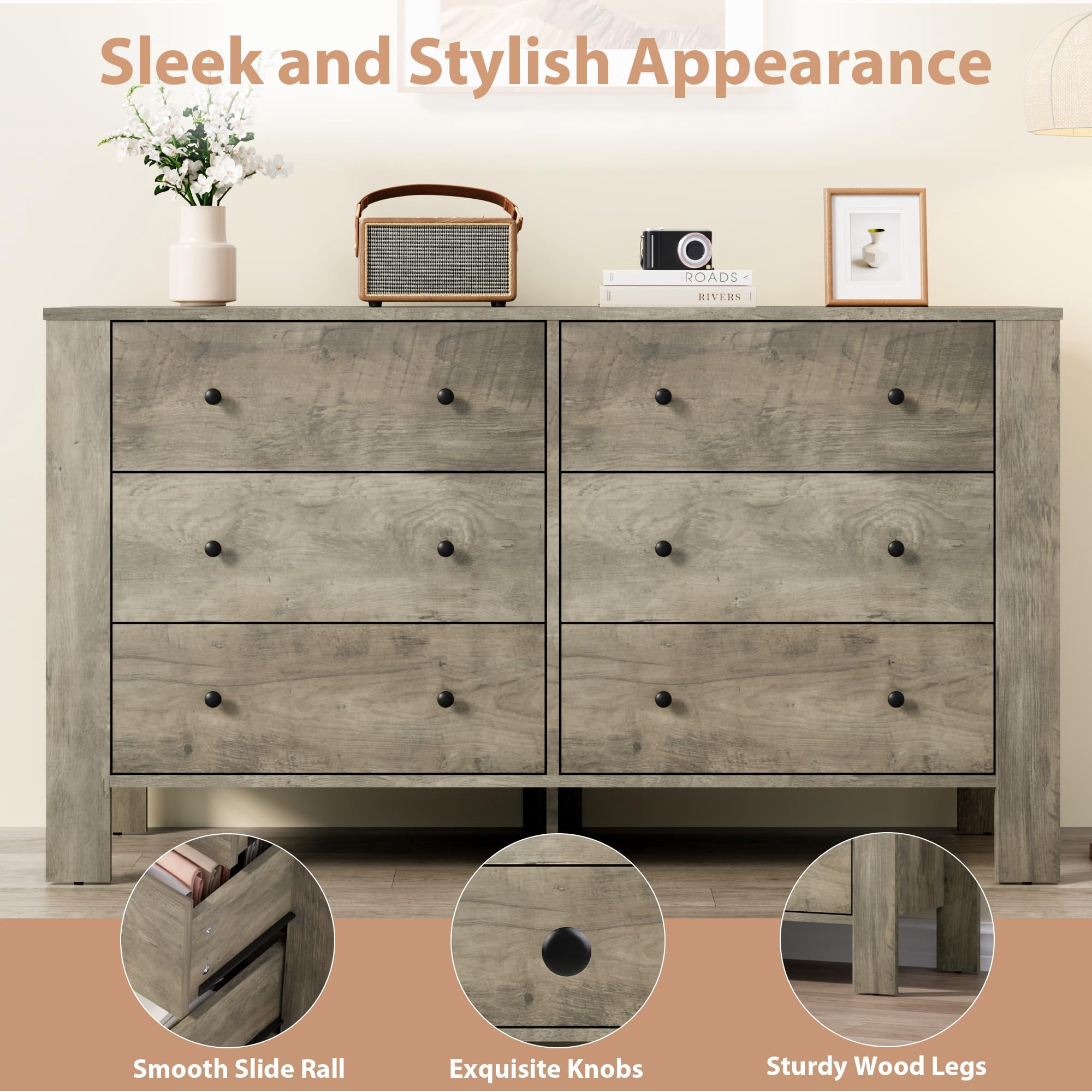 6 Drawer Dresser, Modern Wood Dresser for Bedroom, with Deep Drawers & Metal Knobs, for Hallway, Entryway, Living Room