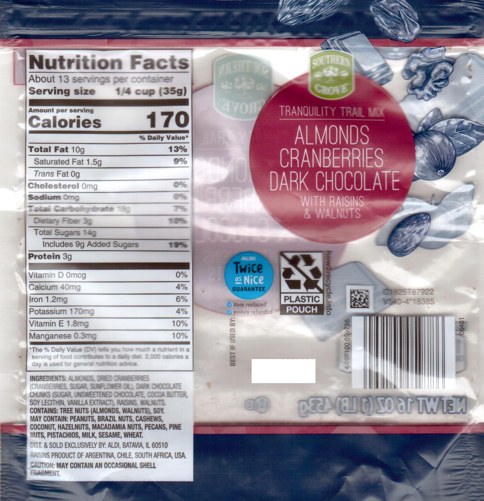 Southern Grove Tranquility Trail Mix Almonds Cranberries Dark Chocolate Raisins Walnuts, Snack Snacking Treat Food, 2, 16Oz