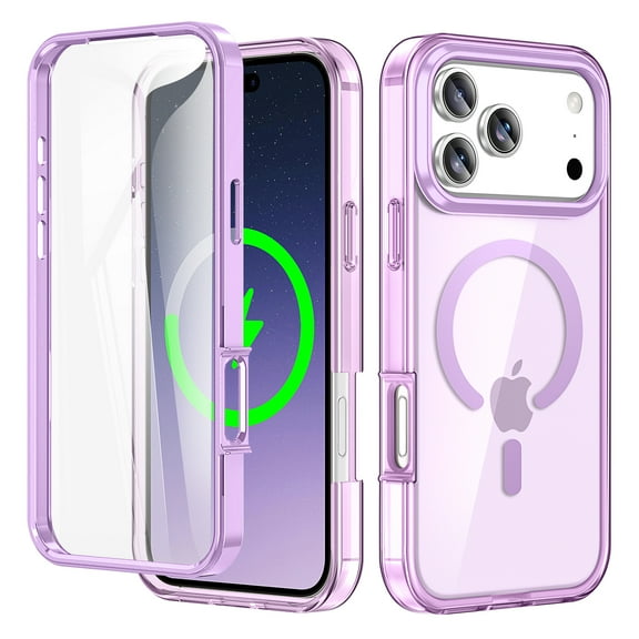 ELEHOLD Full Body Magnetic Case for iPhone 17 Pro Max,Built-in Front Screen Protector 360 Protection Compatible with Mag Safe Transparent Clear Shockproof Cover for iPhone 17 Pro Max,Lightpurple
