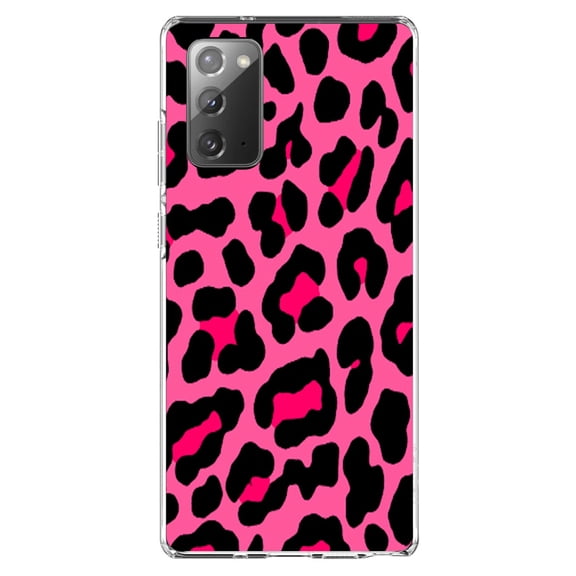 DistinctInk Clear Shockproof Hybrid Case for Samsung Galaxy Note 20 (6.7" Screen) - TPU Bumper, Acrylic Back, Tempered Glass Screen Protector - Hot Pink Black Leopard Skin Spots