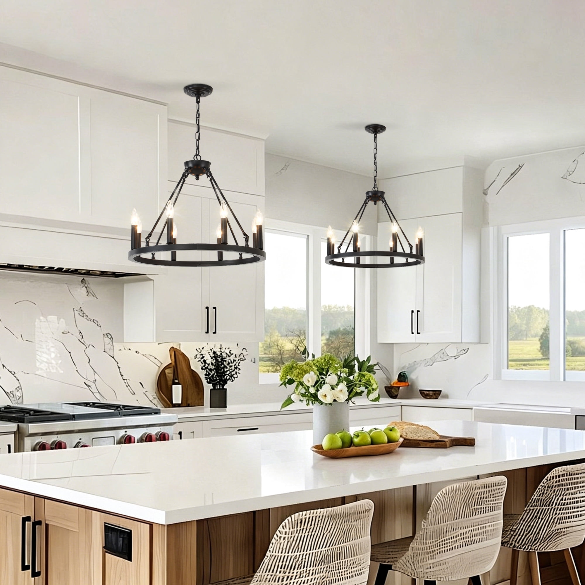 8-Light Black Farmhouse Industrial Wagon Wheel Chandelier, Rustic Metal Ceiling Light Fixture