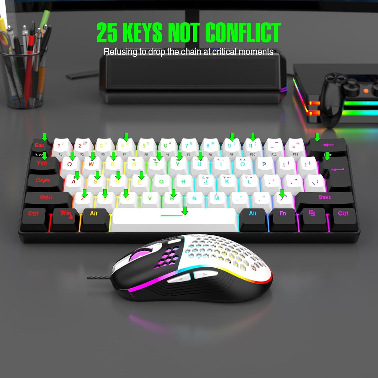 60% Wired RGB Gaming Keyboard and Mouse Combo, 14 Mode of Backlight, 6400 DPI Gaming Mouse, Mini Keyboard with Membrane Switch Comfort Use Budget Typing for PC Computer Laptop (White)