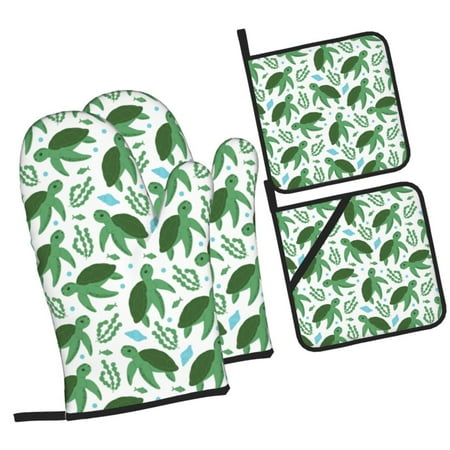 

Haiem Cartoon Turtle Print Extra Long Oven Mitts and Pot Holders 4pc Sets: Heat Resistant Silicone Oven Mittens with Mini Oven Gloves and Hot Pads Potholders