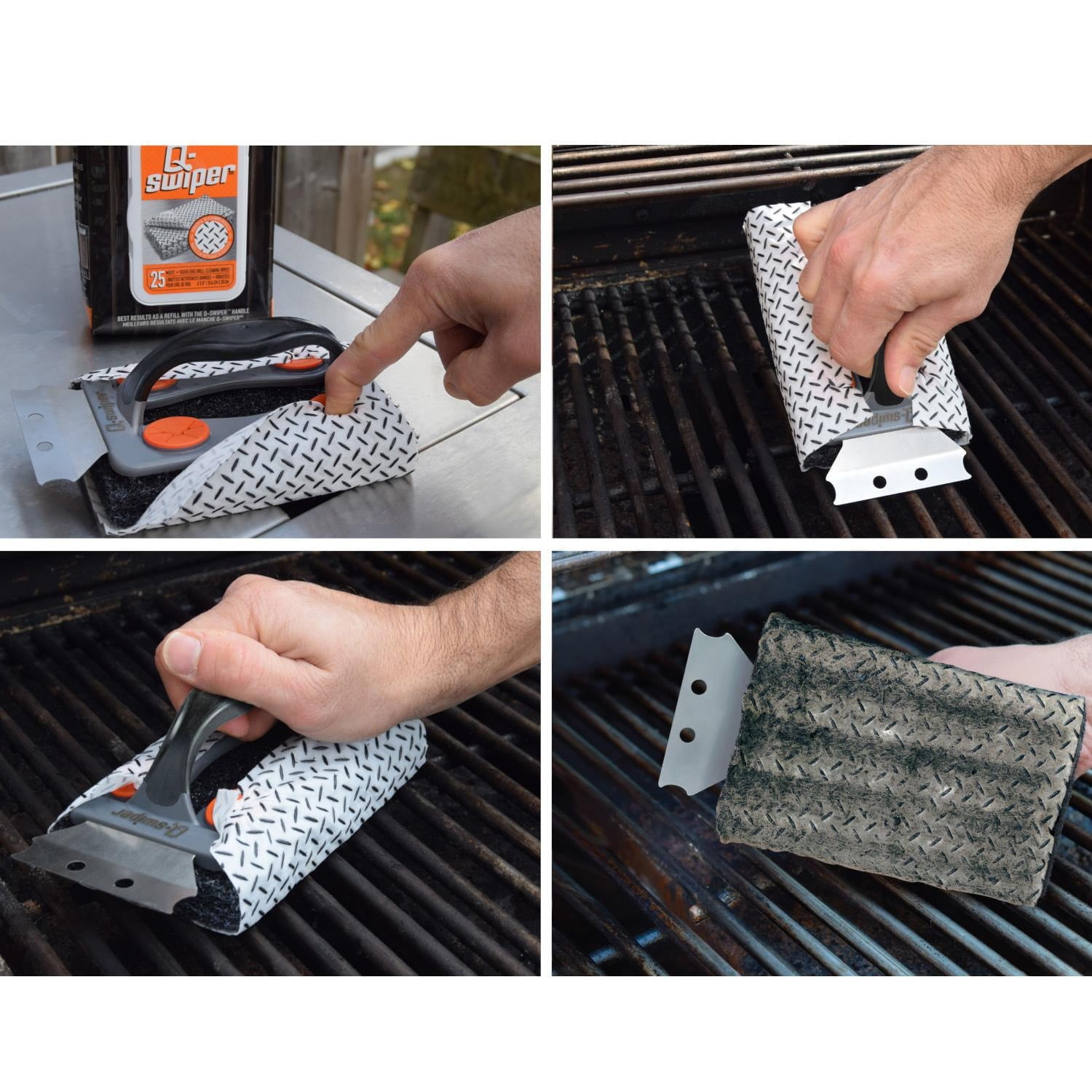 Q-Swiper BBQ Grill Cleaner Gift Bundle Set - 1 Q-Swiper Grill Brush, 65 Q-Swiper Grill Cleaning Wipes and 2 Q-Swiper Reusable Grill Cloths. Safe Way to Clean BBQ Grill Grates and Grill Exterior.