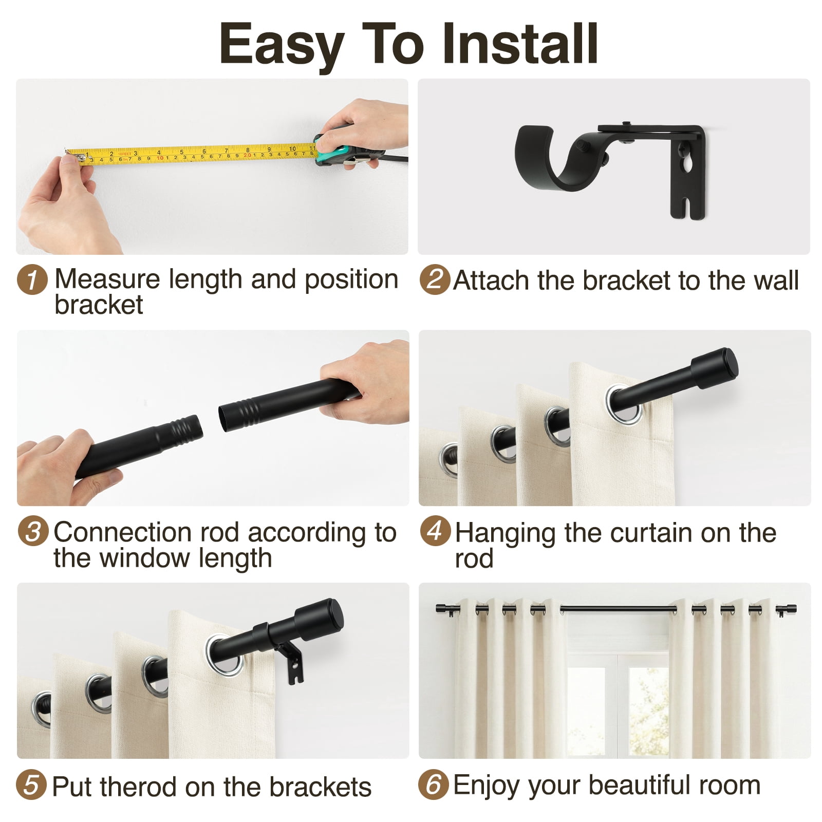 Newburos Heavy Duty Curtain Rods,1 Inch Black Curtain Rod Adjustable for Windows 48 to 86 Inch with Metal Finials,Easy Installation and Modern Design for Living Room & Bedroom