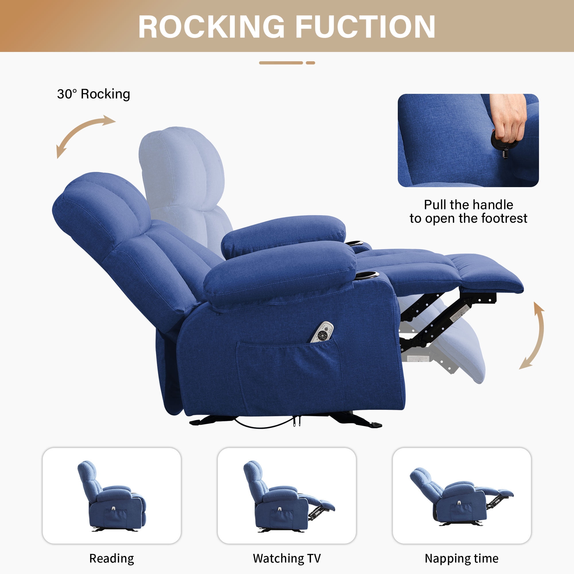 JONPONY Heated Manual Massage Recliner with Cup Holder, Single Rocker Sofa with Cup Holders for Bedroom Home Theater,Dark Blue