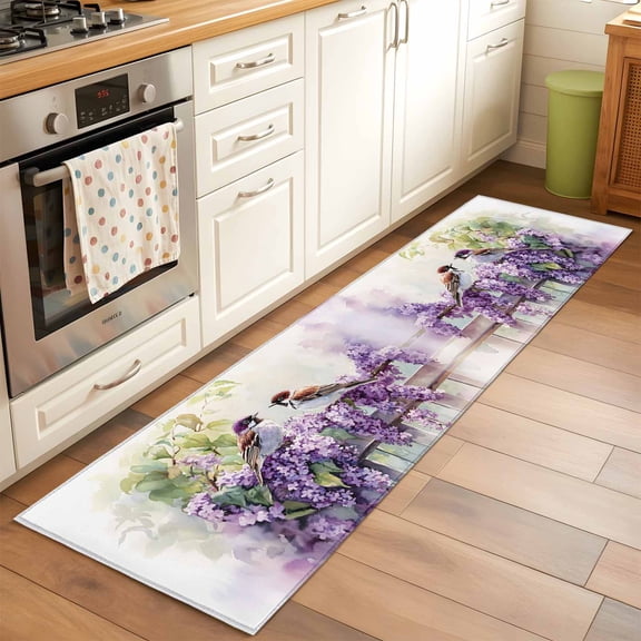 2'x6' Rug Runners for Hallways Kitchen, Purple Lavender Non Slip Entryway Beside Floor Carpet Runner, Wildflower Garden Floral Motifs Birds Washable Laundry Room Bedroom Throw Rugs Mat for Family Pet