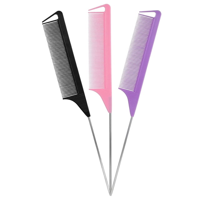 Rat Tail Combs Hair Combs :3Pack Parting Comb,Fine Tooth Comb,Tail Comb,Metal Long Steel Pin Rat Tail Comb,Combs for Women,Professional Hair Salon Quality Styling Combs(Black|Purple|Pink)