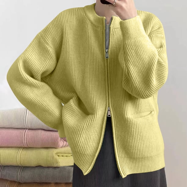 Suéter de invierno para mujer, informal, holgado, a la moda, con bolsillos de color y doble cremallera en la parte superior, cárdigan, abrigo para mujer