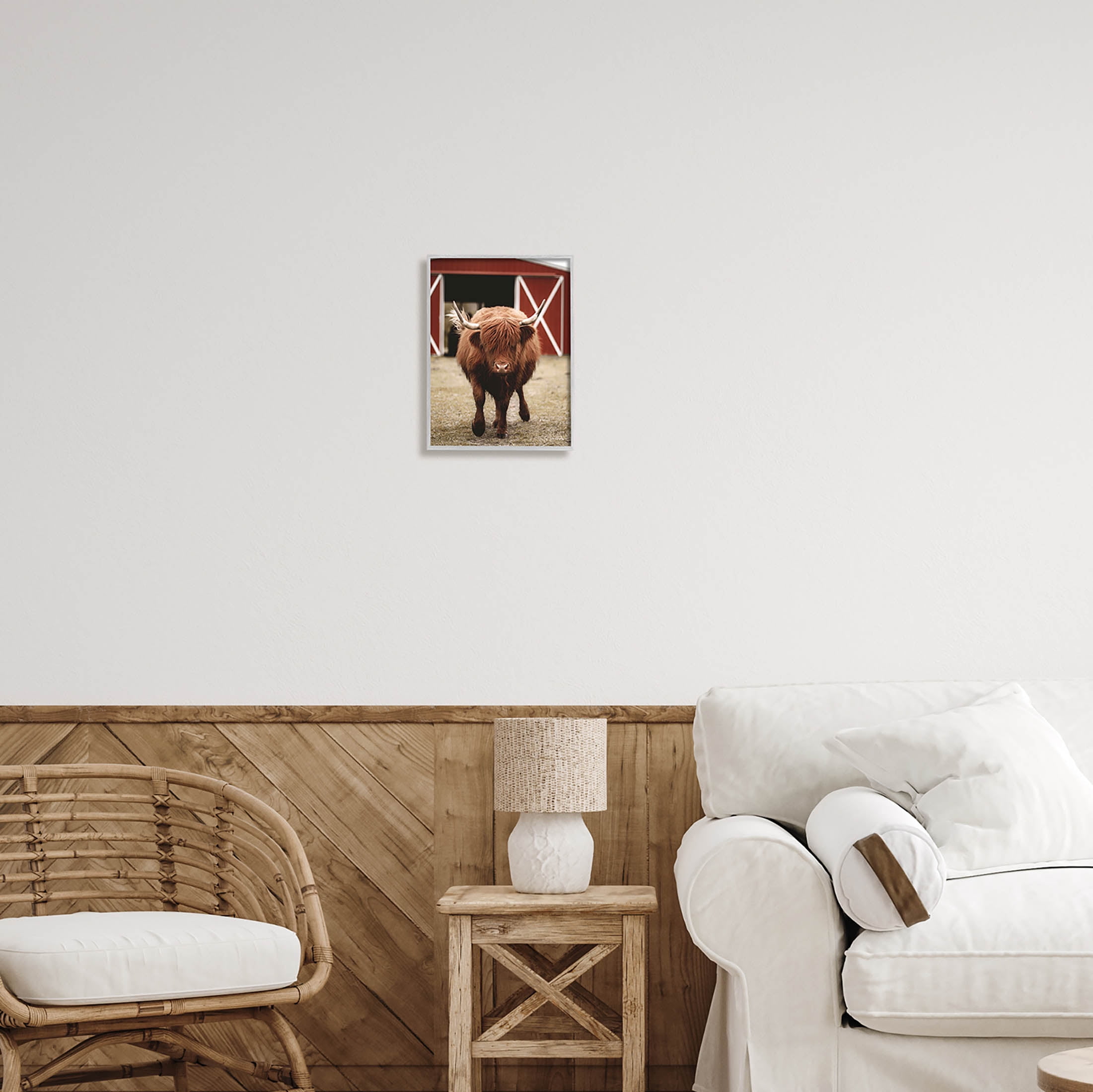 Stupell Industries Trotting Highland Cattle Bold Red Barn Photograph Gray Framed Art Print Wall Art, Design by Dakota Diener