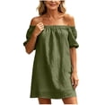 thumbnail image 3 of Horkkom Off the Shoulder Dresses for Women Mini Solid Color Summer Dresses Casual Vacation Beach Dresses, S-2XL, 3 of 10