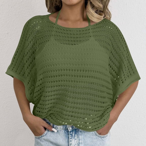UPPADA Womens Short Sleeve Crochet Cover Up Summer Scoop Neck Casual Crochet Tops Hollow Out Knit Tops Pullover Shirts Beach Coverup Army Green,Free Size