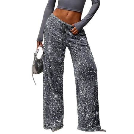adaychics Low Rise Pants for Women Sequin Low Rise Glitter Wide Leg Trousers Casual Drawstring Pants for Daily Wear
