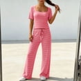 thumbnail image 5 of Pounoo Women's Loungewear Sets Ribbed Square Neck Stripe Short Sleeve Top And Wide Leg Pants Two Piece Outfits Daily Wear Soft Stretchy Comfortable Loungewear Gift, 5 of 6