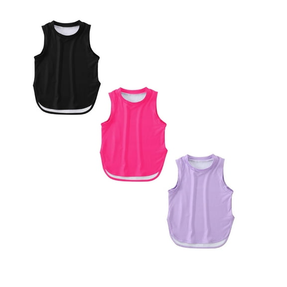 LUOGENLI 3 Pack Kids Girls Summer Athletic Solid Color Tank Tops Split Curved Hem Sleeveless Shirts for Gym Yoga Running Summer Tops for Girls 9-10 150