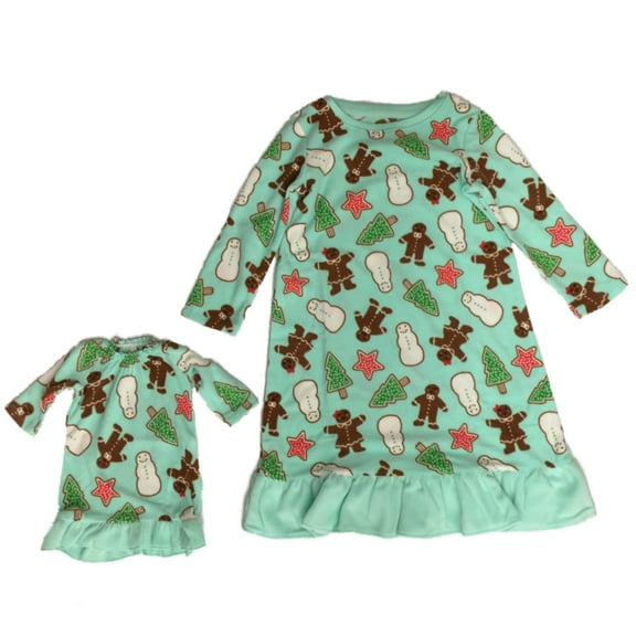 Toddler Girls Green Fleece Gingerbread Man Nightgown & Baby Doll Gown Set 3T