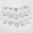 thumbnail image 3 of Mistaha Chic Geometric Leaf and Heart Diamond Ring Set - 15 Pieces, Silver Alloy Material, Vintage Style Knuckle Rings, Fashionable OL Statement Piece, 3 of 7