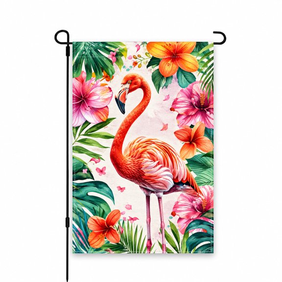 Flamingo Tropical Flowers Garden Flag, 12 x 18 Inch, Vibrant Yard Decor, Perfect for Patio, Lawn, Porch, or Garden Display, Summer Outdoor Decoration