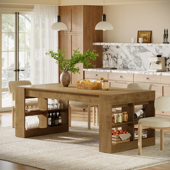 Finmind Large Dining Table for 6-8 People, 70.87-Inch Rectangle Kitchen Table with Storage Shelves, Farmhouse Dinner Furniture for Kitchen Dining Room,Rustic Brown