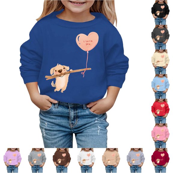 Oiyii Toddler Girl's Puppy Heart Balloon Cartoon Graphic Sweatshirt Long Sleeve Crew Neck Printed Sweatshirts Daily Casual Pullover Top,Blue