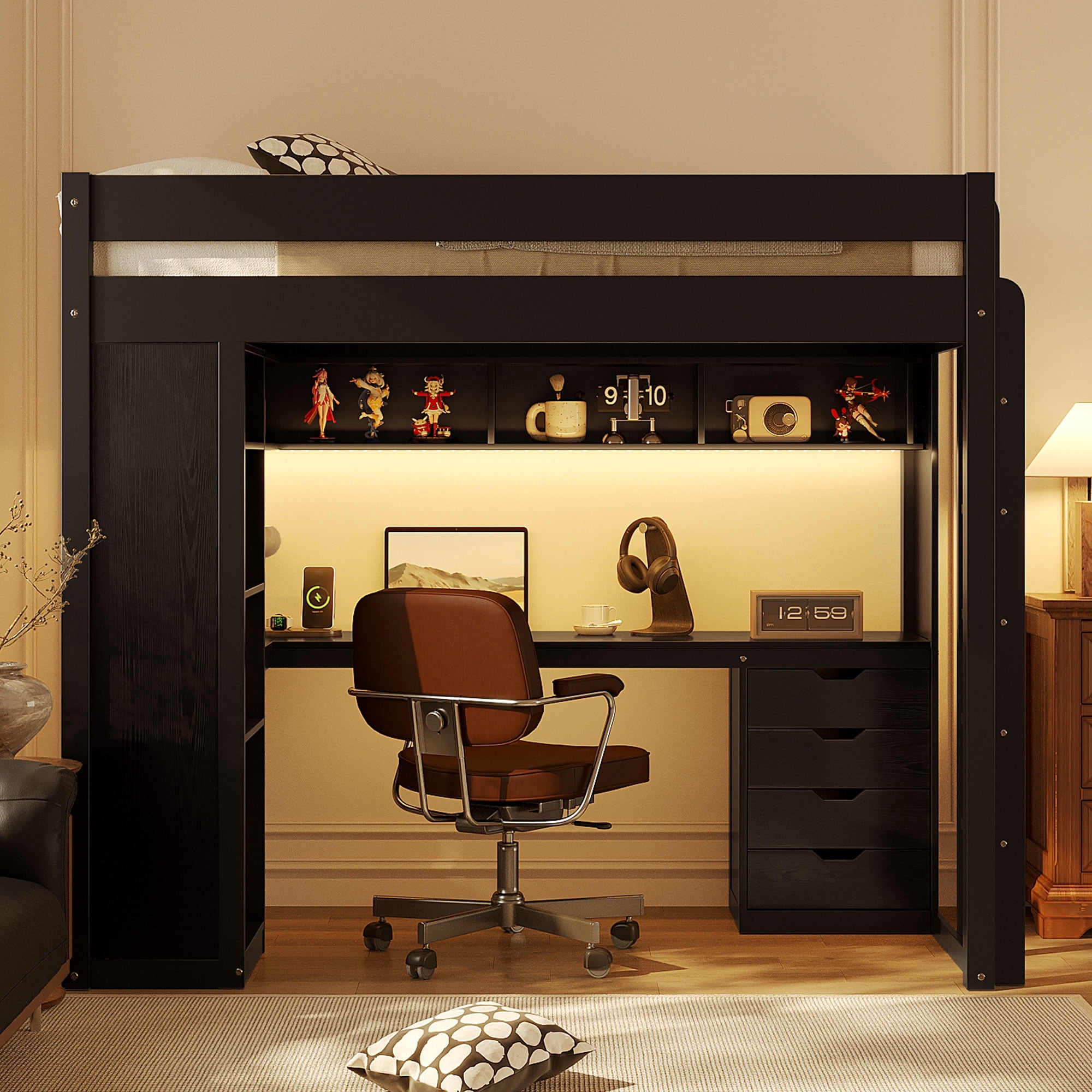 Mintazer Twin Loft Bed with L-Shaped Desk & Smart LED Lights and Charge Station, Modern Loft Bed with 4 Storage Drawers & Shelves, Black