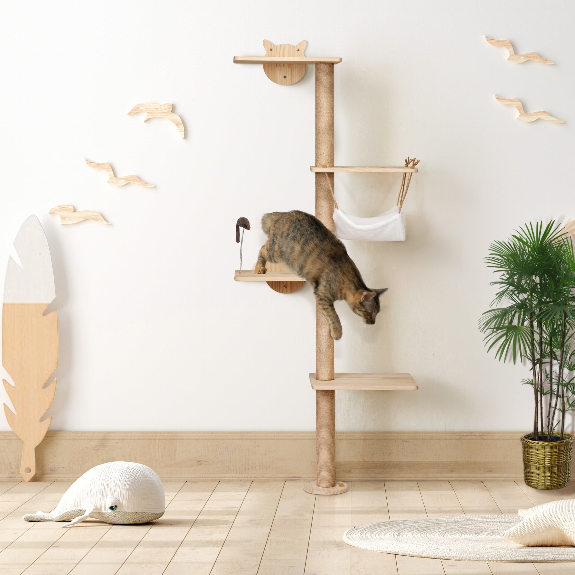 Coziwow WallMounted 4Tier Cat Scratching Post, Wooden Cat Activity Tree and Shelves with