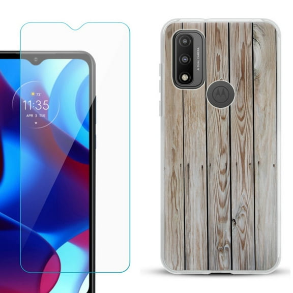 Slim-Fit Gel TPU Phone Case for Motorola Moto G Pure, with Tempered Glass Screen Protector, by OneToughShield ® - Wood Print