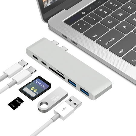TSV USB Hub 6-in-1 Type C Pro Hub Adapter for 2016/2017 MacBook Pro 13”and 15”Aluminum, USB 3.0, Thunderbolt 3, Mirco SD / SD Card